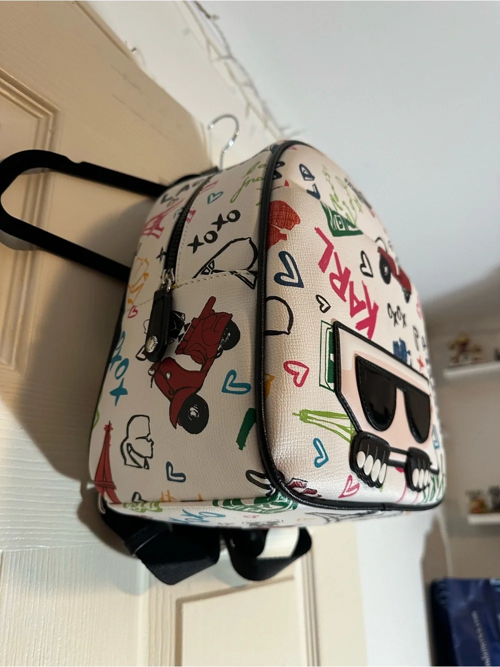 Karl Lagerfeld White Multicolor Graffiti Mini Backpack with Karl Face Applique